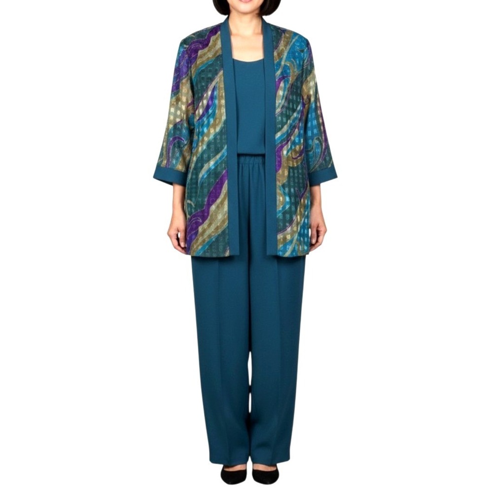 R&M RICHARDS Green/Multi CREPE Texture Chiffon JACKET/TOP/PANTS Duster Set Sz 18